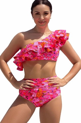 SPORLIKE Women High Waisted Swimsuit Flounce One Shoulder Bikini Padded Bathing Suit