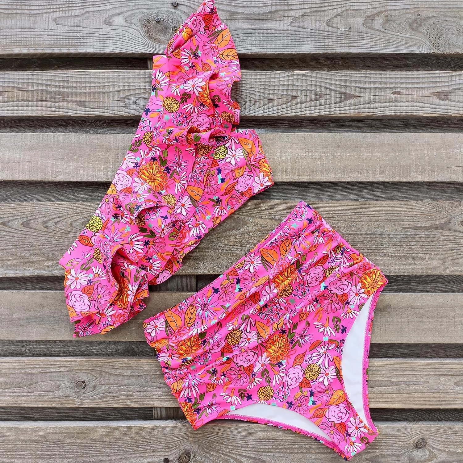 SPORLIKE Women High Waisted Swimsuit Flounce One Shoulder Bikini Padded Bathing Suit