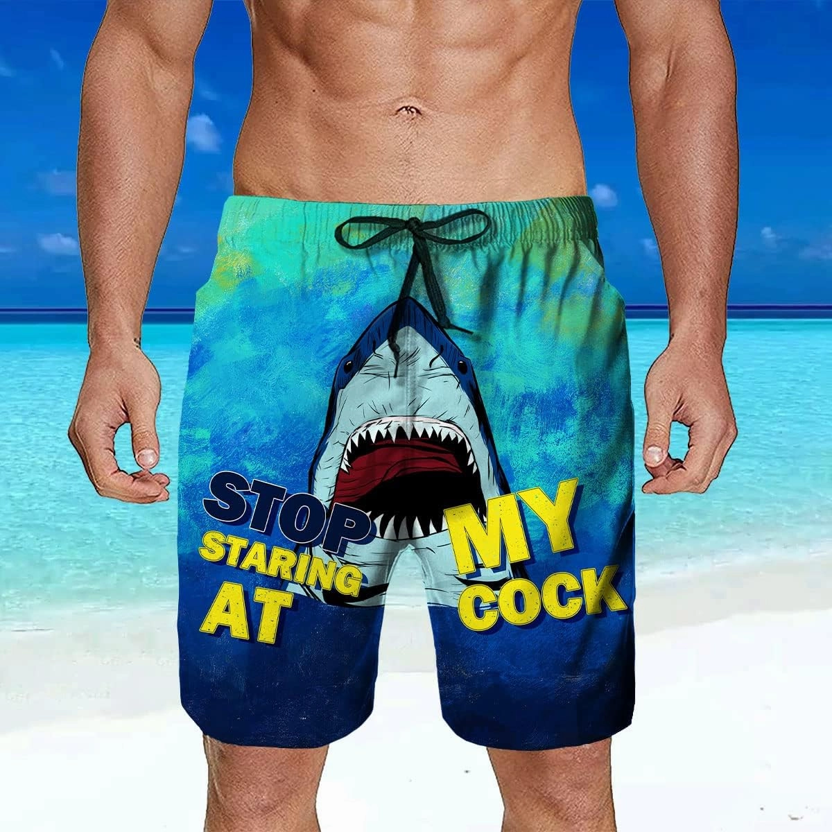 Stop Looking at My Cock Men's Swim Trunks, Funny Quick Dry Beach Board Shorts with Mesh Lining and Pockets