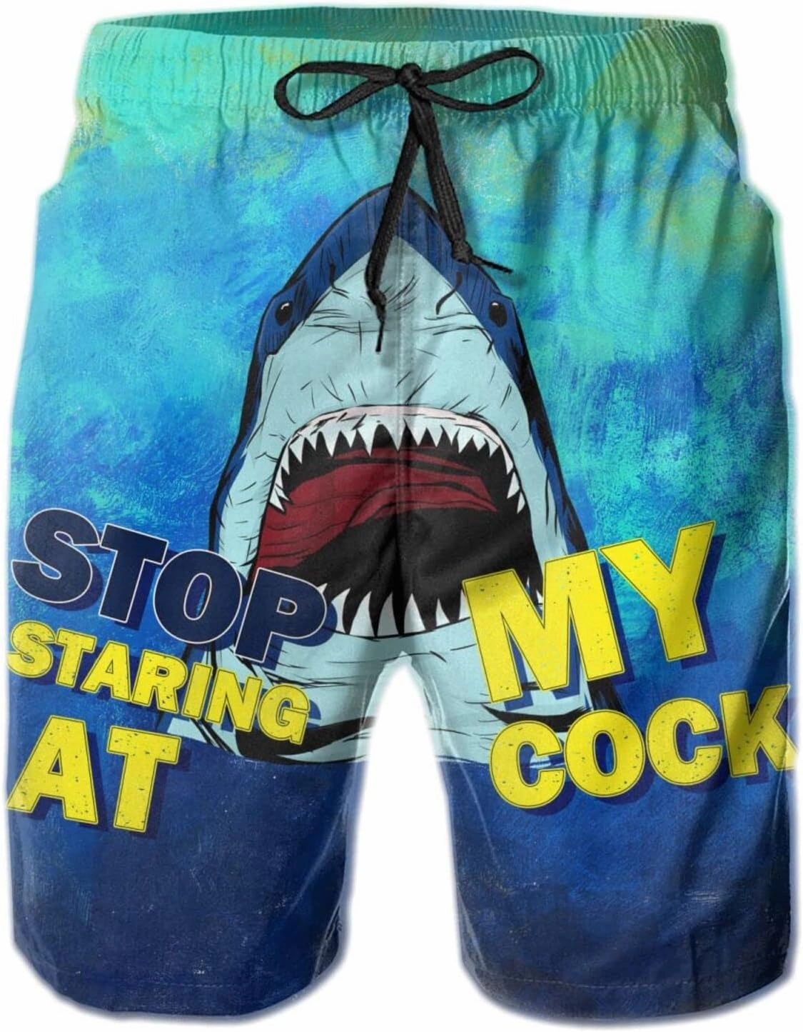 Stop Looking at My Cock Men's Swim Trunks, Funny Quick Dry Beach Board Shorts with Mesh Lining and Pockets