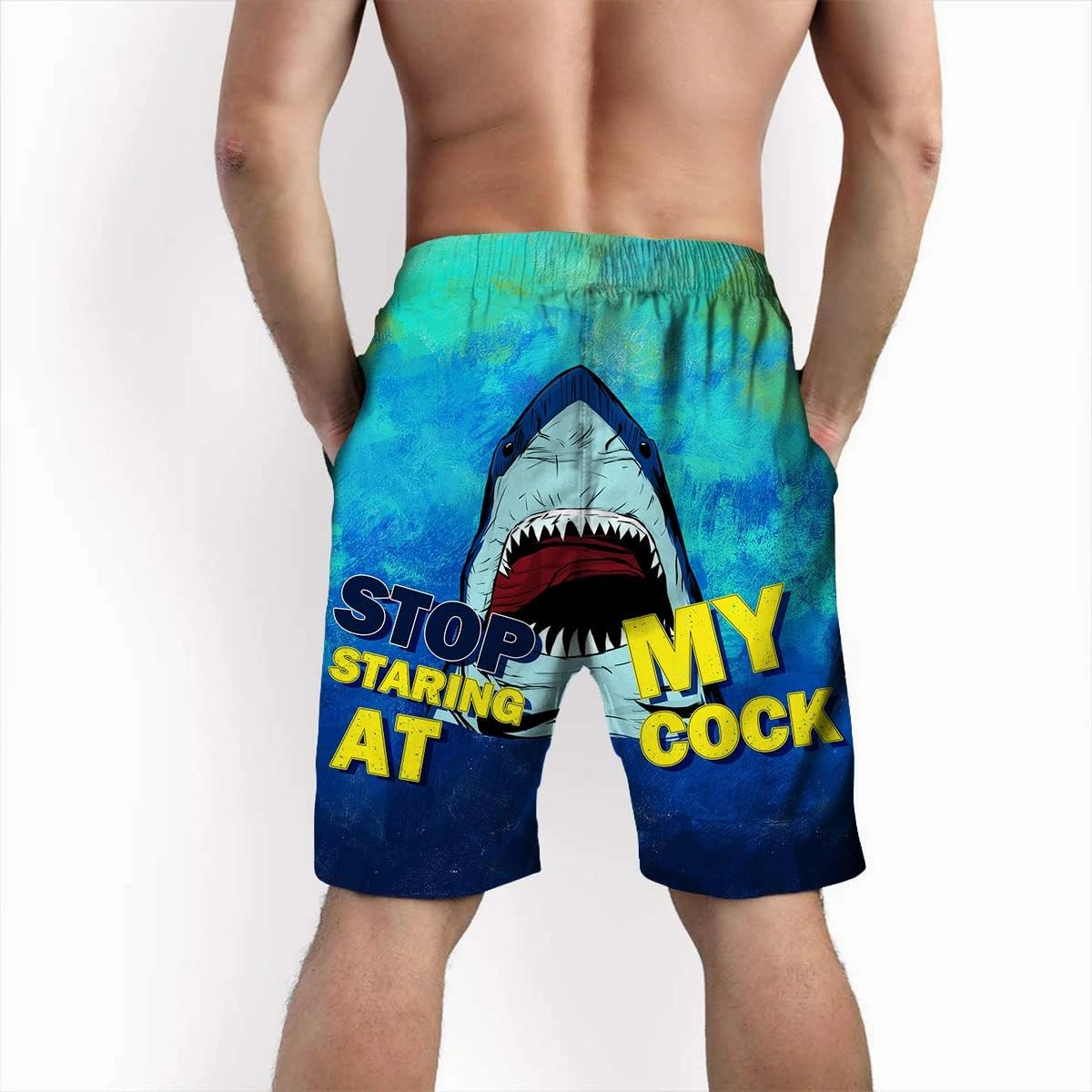 Stop Looking at My Cock Men's Swim Trunks, Funny Quick Dry Beach Board Shorts with Mesh Lining and Pockets