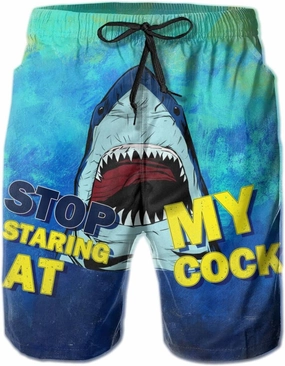 Stop Looking at My Cock Men's Swim Trunks, Funny Quick Dry Beach Board Shorts with Mesh Lining and Pockets