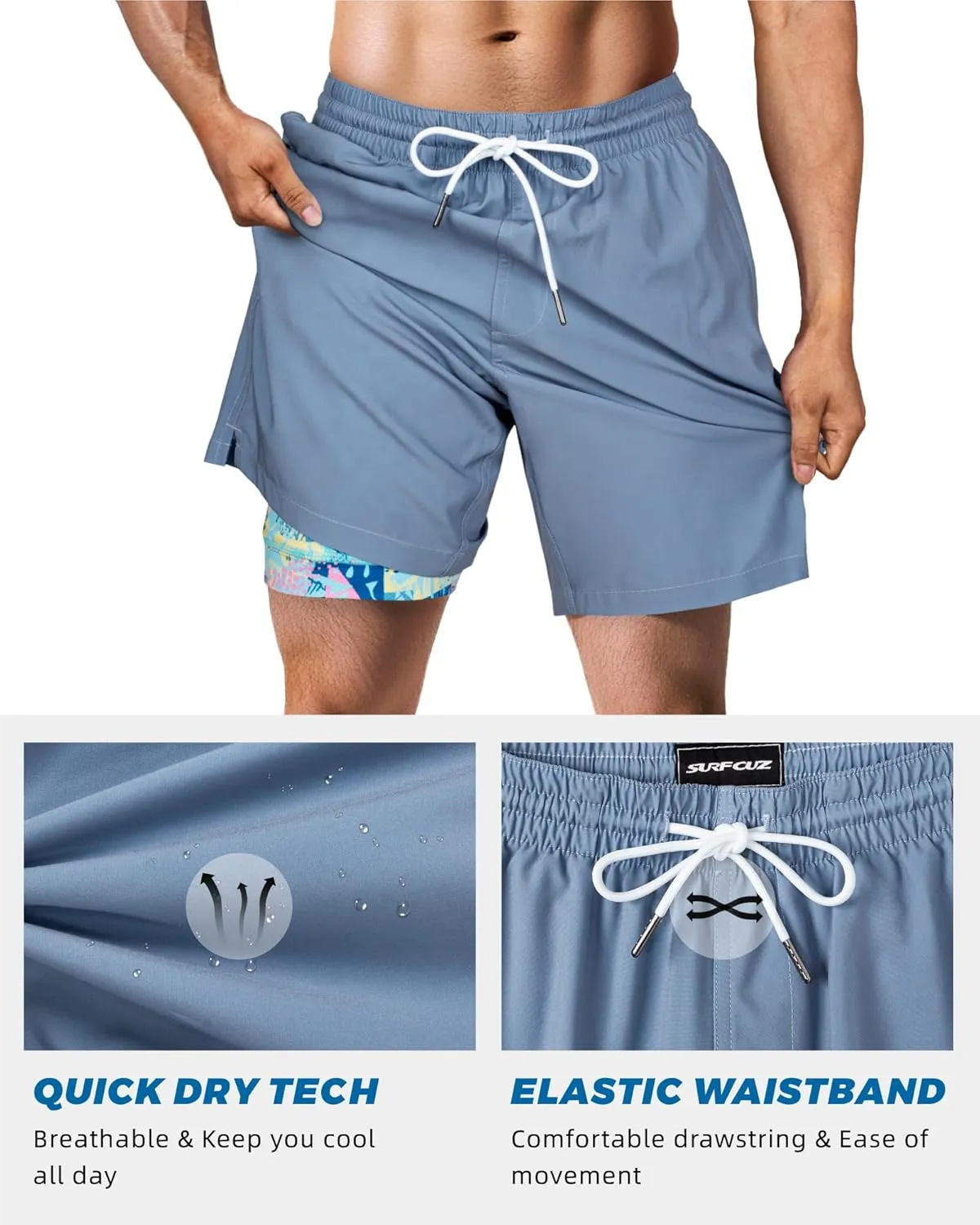 SURF CUZ Mens Swim Trunks with Compression Liner Swim Shorts 7" Swimming Trunks Stretch 7 Inch Swim Suits Quick Dry