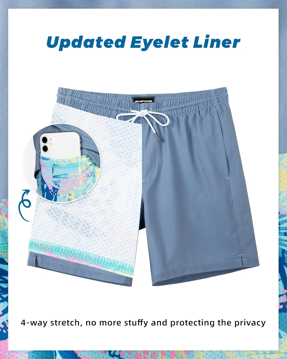 SURF CUZ Mens Swim Trunks with Compression Liner Swim Shorts 7" Swimming Trunks Stretch 7 Inch Swim Suits Quick Dry