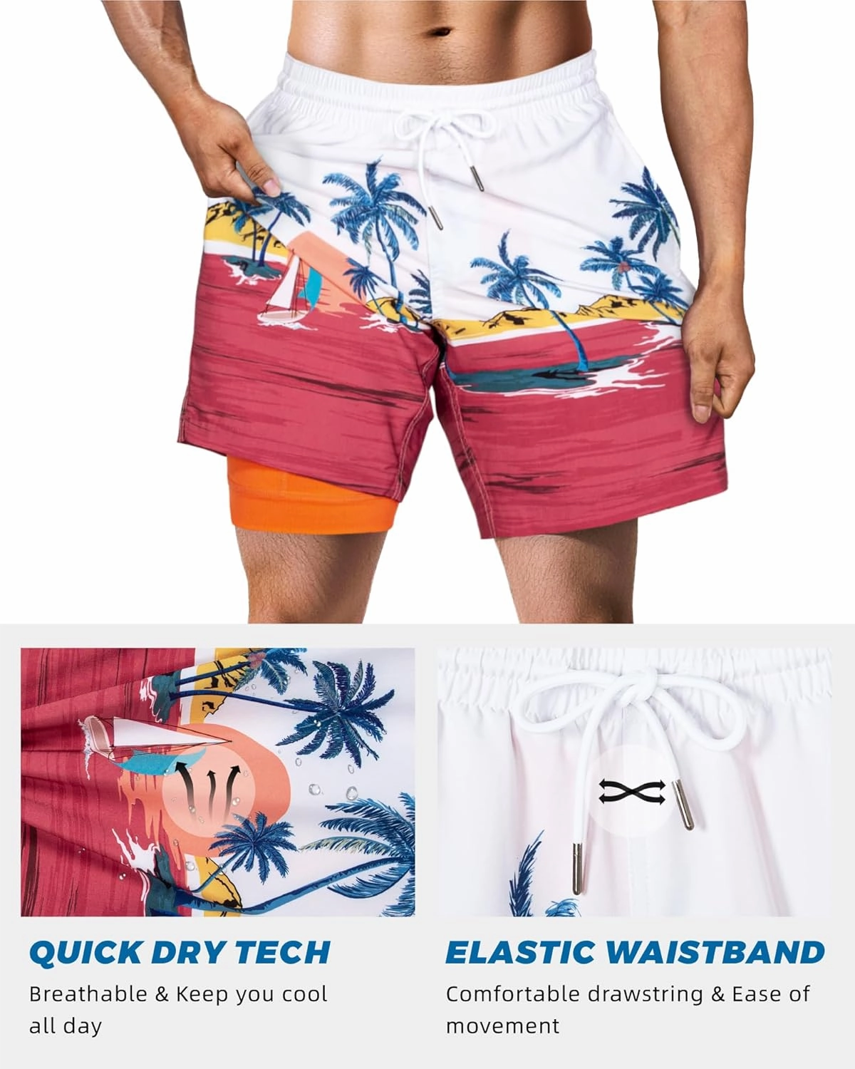 SURF CUZ Mens Swim Trunks with Compression Liner Swim Shorts 7" Swimming Trunks Stretch 7 Inch Swim Suits Quick Dry