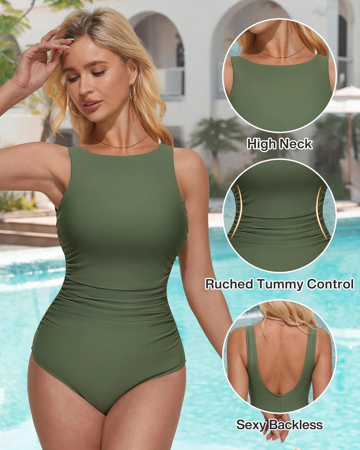 SUUKSESS Women One Piece Ruched Swimsuit Tummy Control Backless Bathing Suit