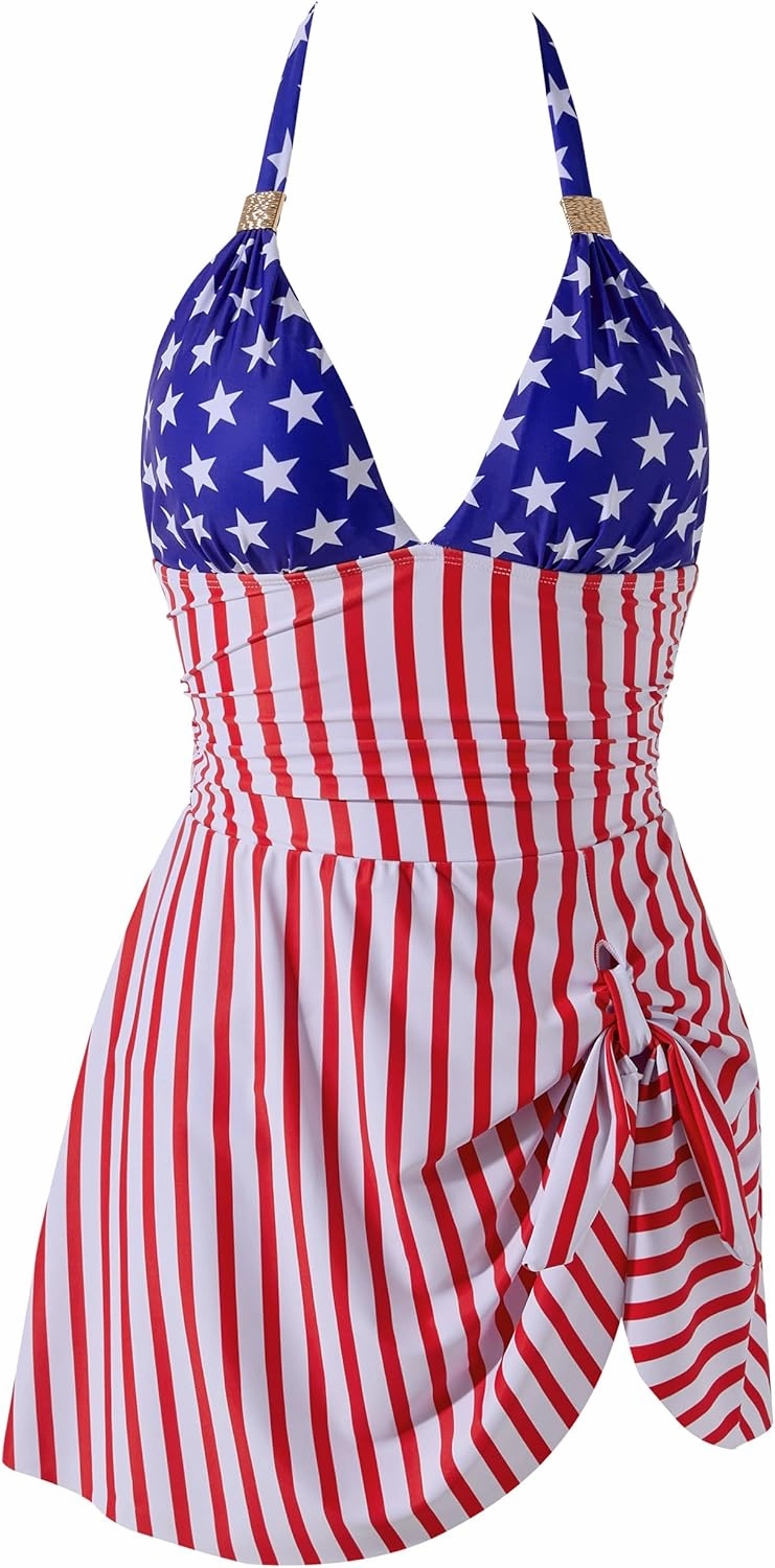 SUUKSESS Women One Piece Swim Dress Tummy Control Swimsuit Tie Knot Bathing Suit