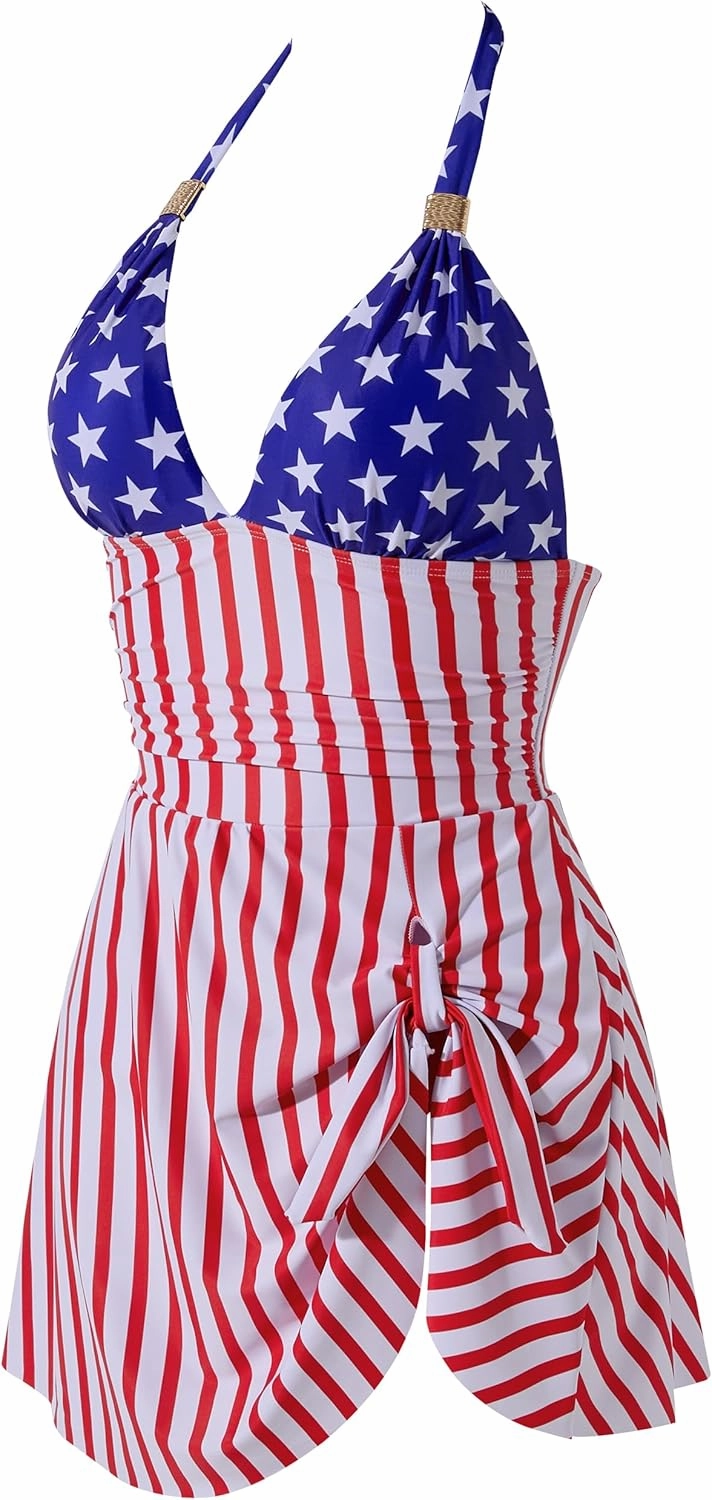SUUKSESS Women One Piece Swim Dress Tummy Control Swimsuit Tie Knot Bathing Suit