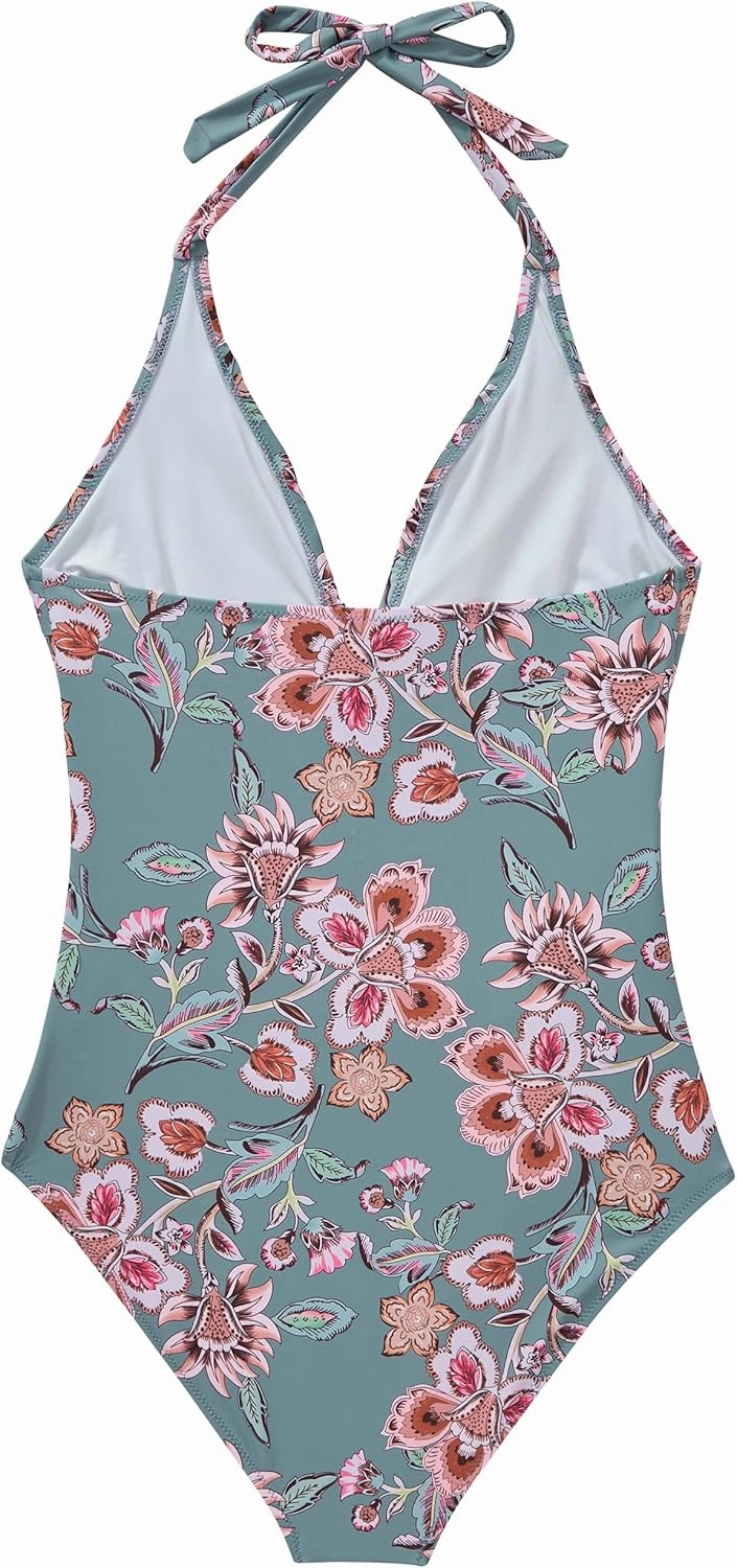 SUUKSESS Women Sexy Halter One Piece Swimsuits Ruffle Tummy Control Bathing Suit