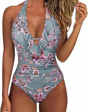 SUUKSESS Women Sexy Halter One Piece Swimsuits Ruffle Tummy Control Bathing Suit