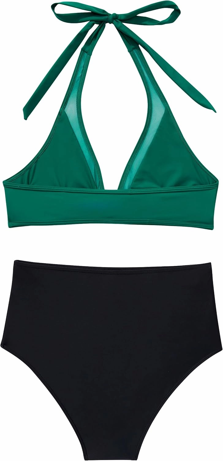 SUUKSESS Women Sexy High Waist Bikini Sets Mesh Tummy Control 2 Piece Swimsuits