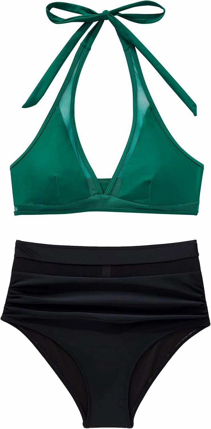 SUUKSESS Women Sexy High Waist Bikini Sets Mesh Tummy Control 2 Piece Swimsuits