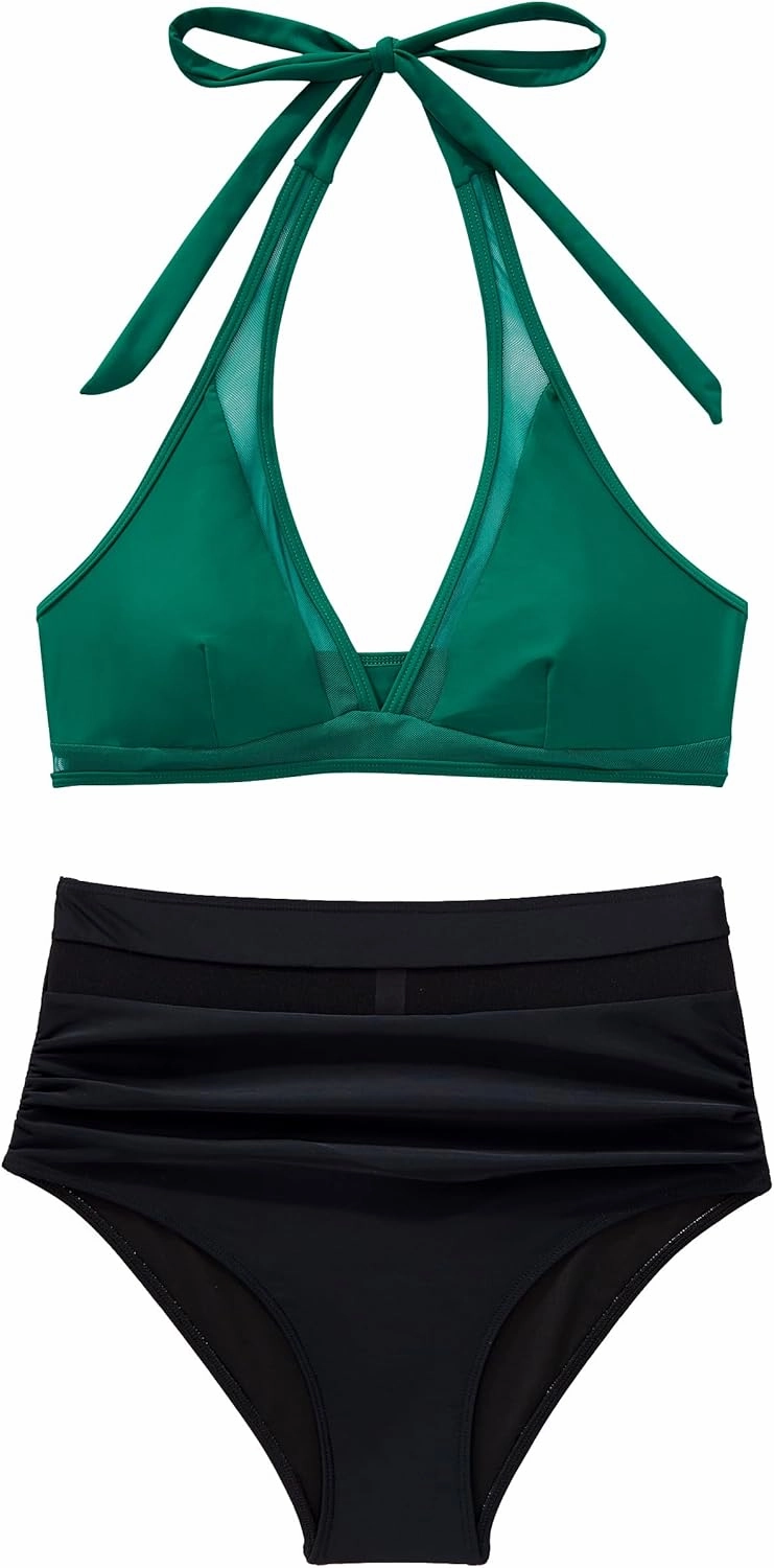 SUUKSESS Women Sexy High Waist Bikini Sets Mesh Tummy Control 2 Piece Swimsuits