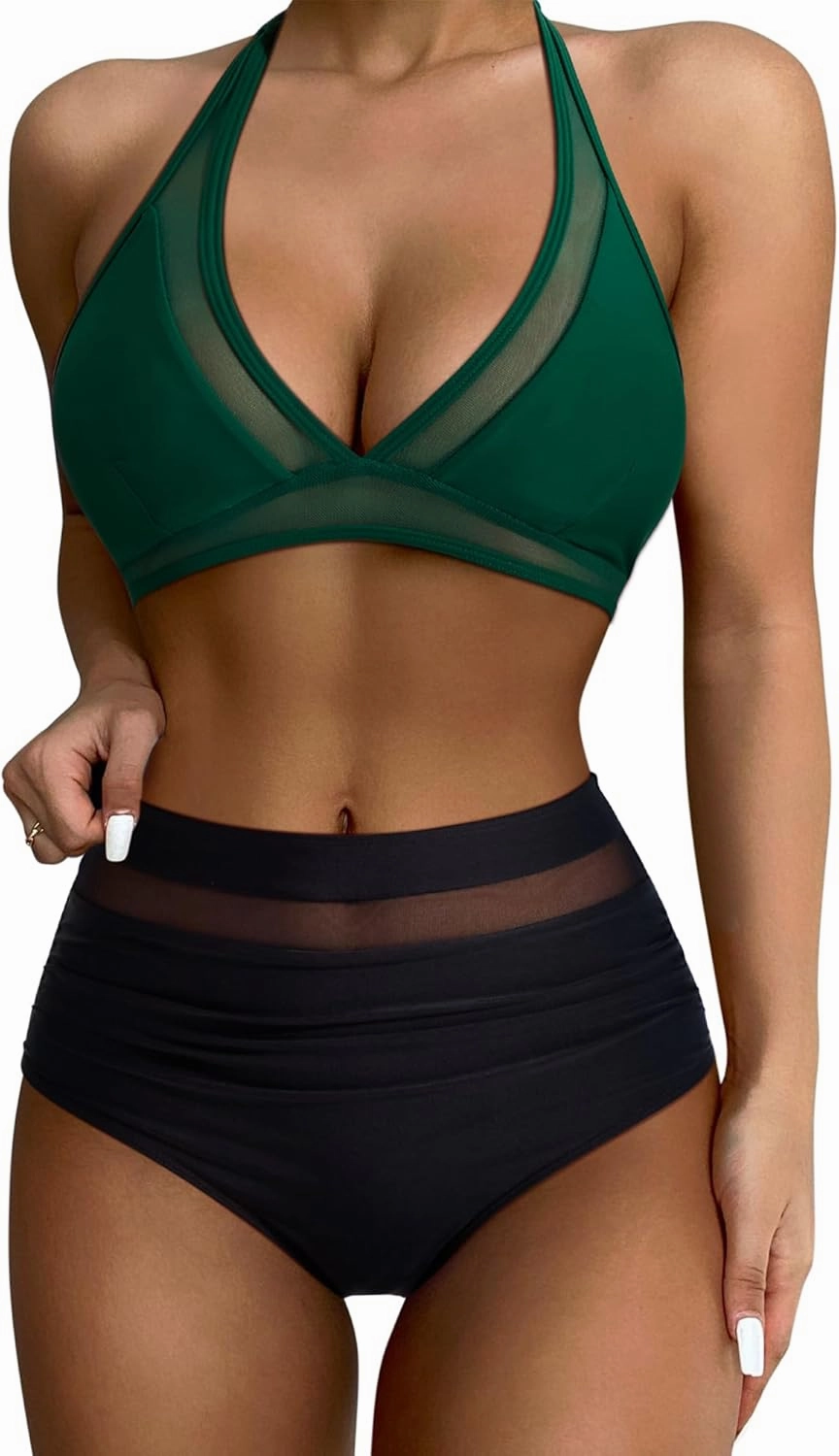 SUUKSESS Women Sexy High Waist Bikini Sets Mesh Tummy Control 2 Piece Swimsuits