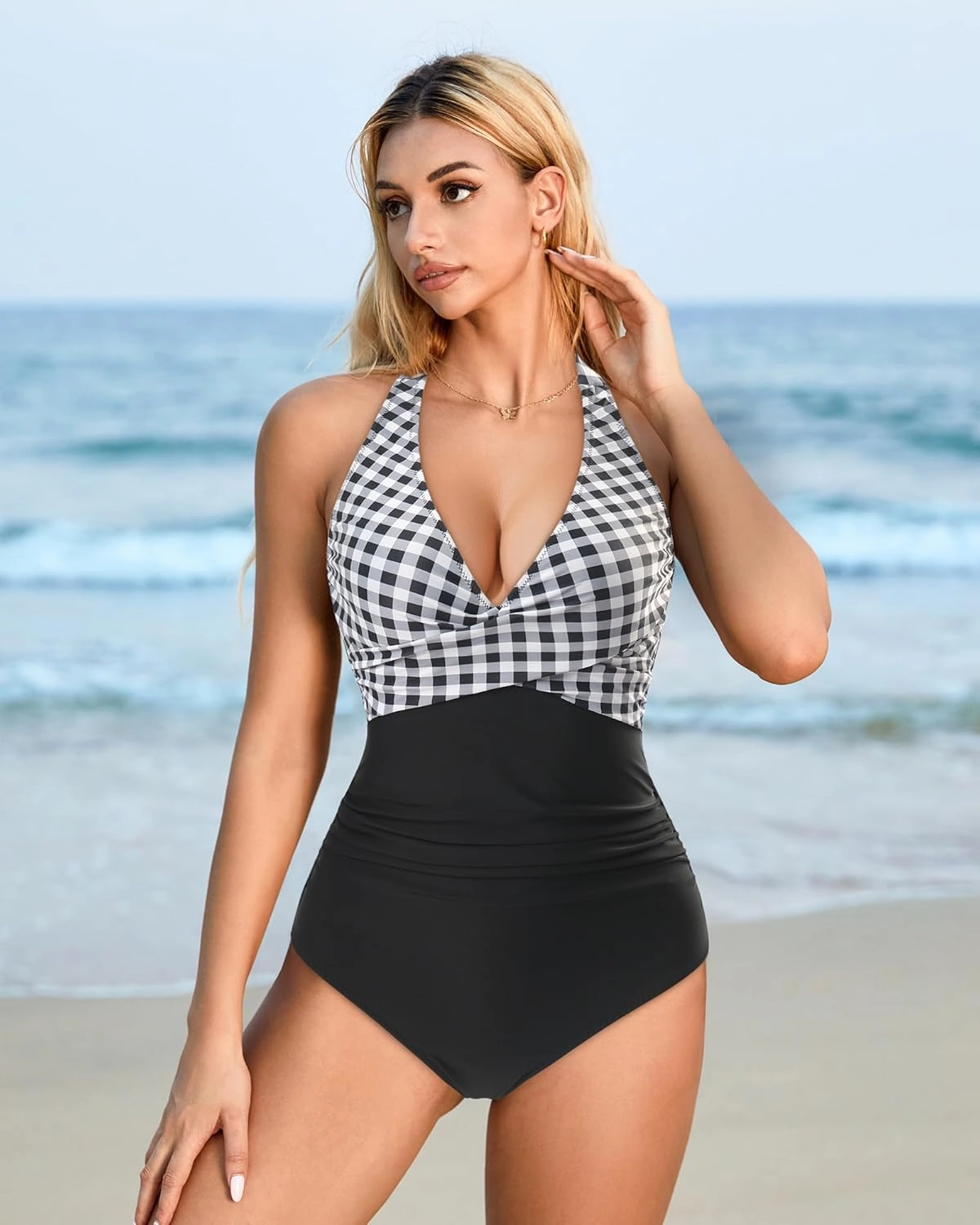 SUUKSESS Women Sexy Tummy Control One Piece Swimsuits Halter Push Up Bathing Suits
