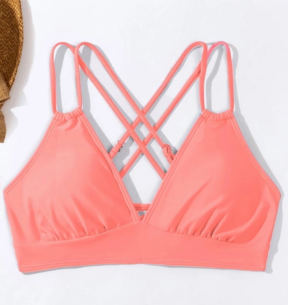 Tainehs Women's Push Up V Neck Bikini Tops Criss Cross Back Padded Bathing Suit Top Only