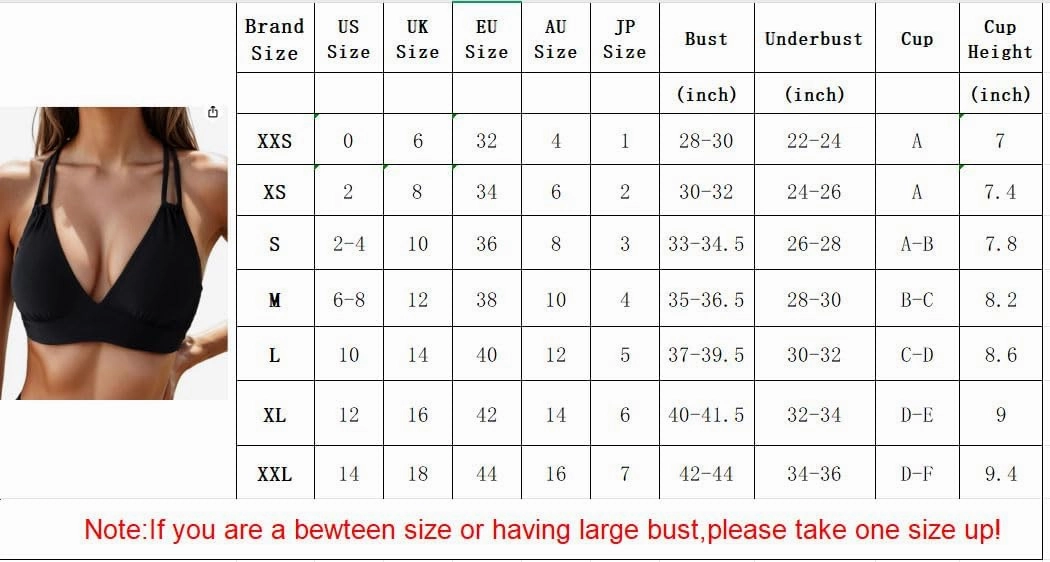 Tainehs Women's Push Up V Neck Bikini Tops Criss Cross Back Padded Bathing Suit Top Only