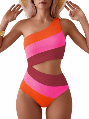 TASHEHE Women's One Shoulder One Piece Swimsuit Sexy Neon Color Block Bathing Suit Modest Full Coverage Cutout Swimwear