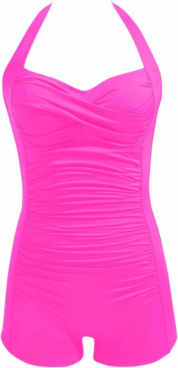Tempt Me Women Tummy Control One Piece Swimsuits with Shorts Boyleg Retro Bathing Suit Halter Swimwear
