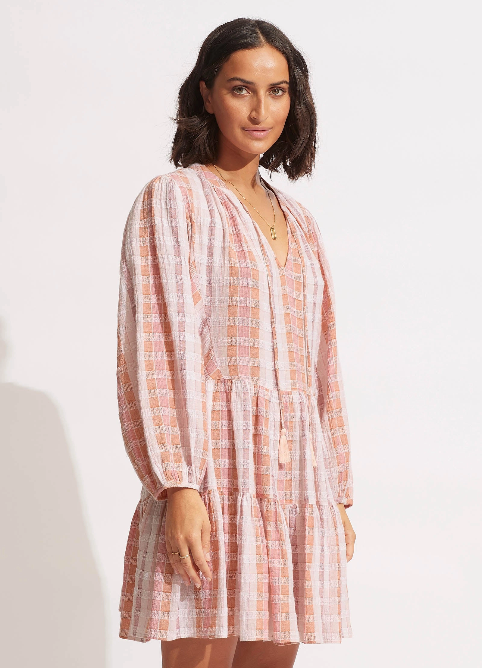 Textured Gingham Tiered Dress  - Lilac
