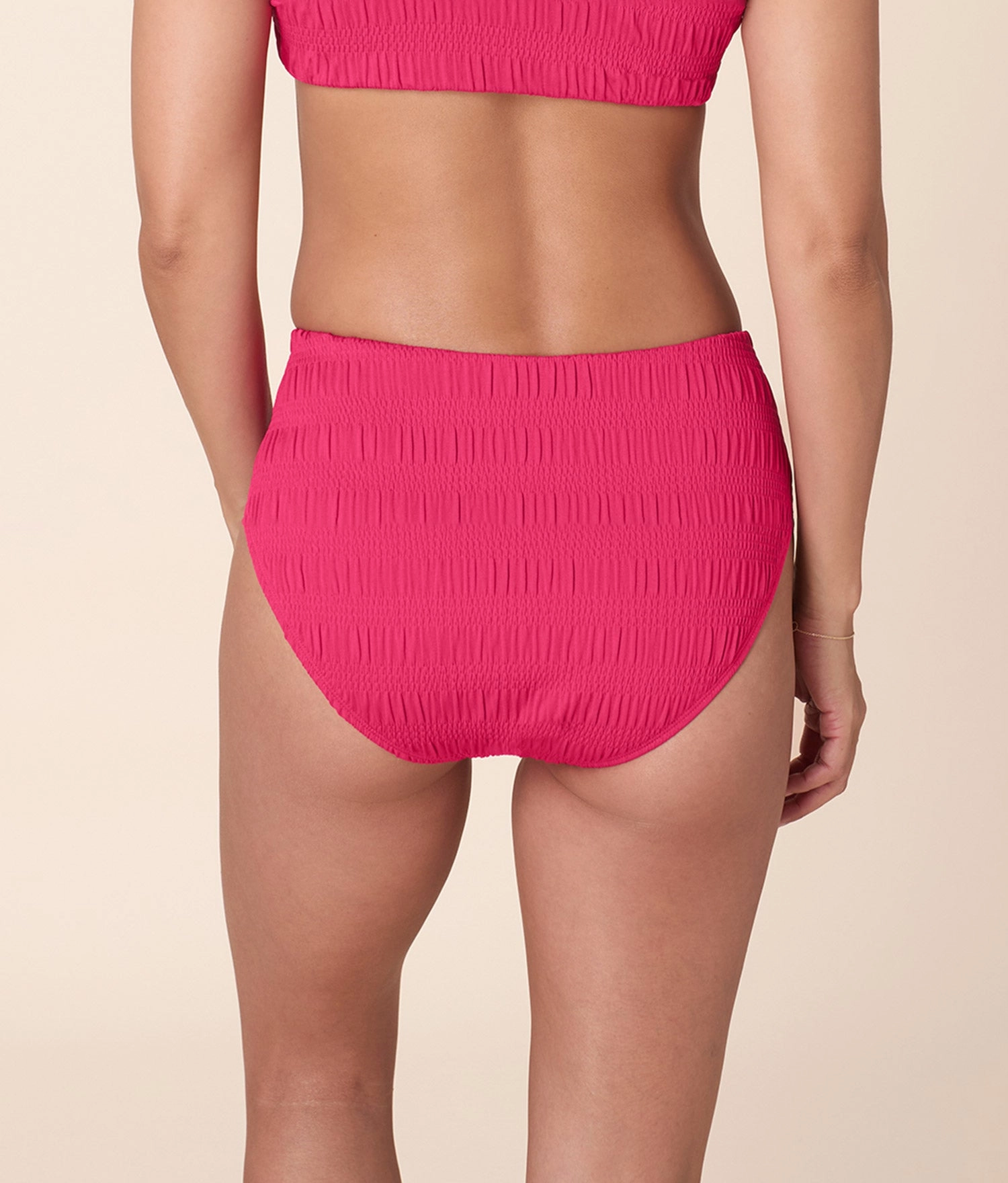 The High Rise Bikini Bottom - Smocked - Bright Begonia