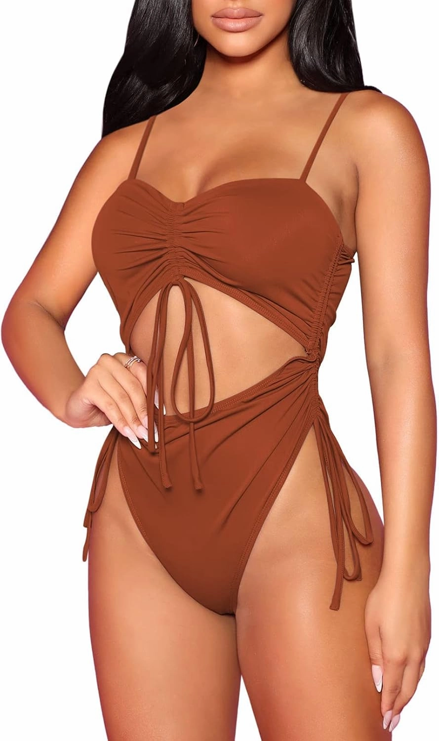 Viottiset Women's Cut Out Drawstring One Piece Swimsuit Cheeky High Cut Bathing Suit