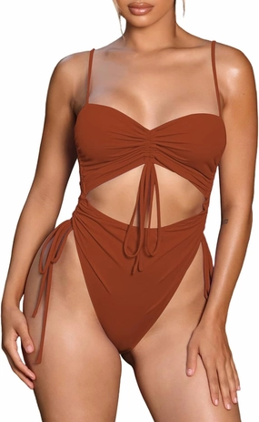 Viottiset Women's Cut Out Drawstring One Piece Swimsuit Cheeky High Cut Bathing Suit