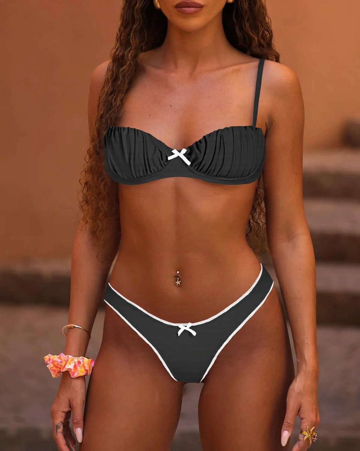 VOLAFA Women's Triangle Bikini Set Textured Frilled Smocked Ruched Push Up Swimsuit Two Piece Bathing Suit