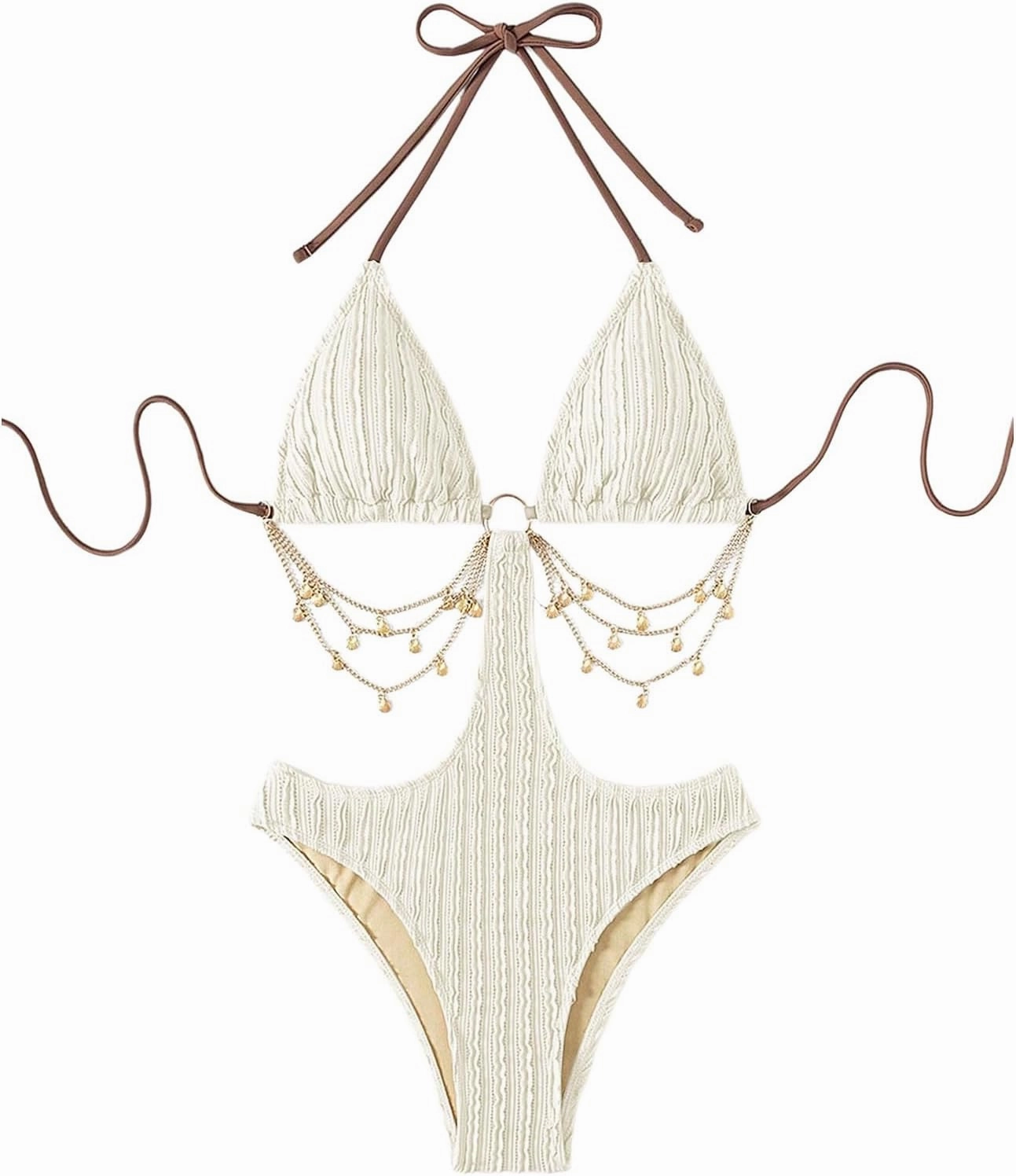 WDIRARA Women's Chain Linked Cut Out Halter One Piece Swimsuit