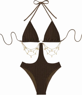 WDIRARA Women's Chain Linked Cut Out Halter One Piece Swimsuit