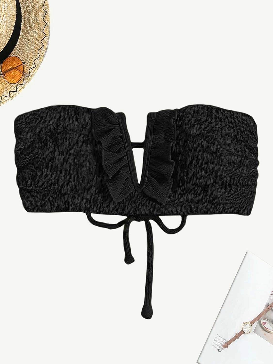WDIRARA Women's Ruffle Notched Neck Lace Up Smocked Swim Tops Bandeau Bikini Top Strapless Solid Padded Bathing Suit Top