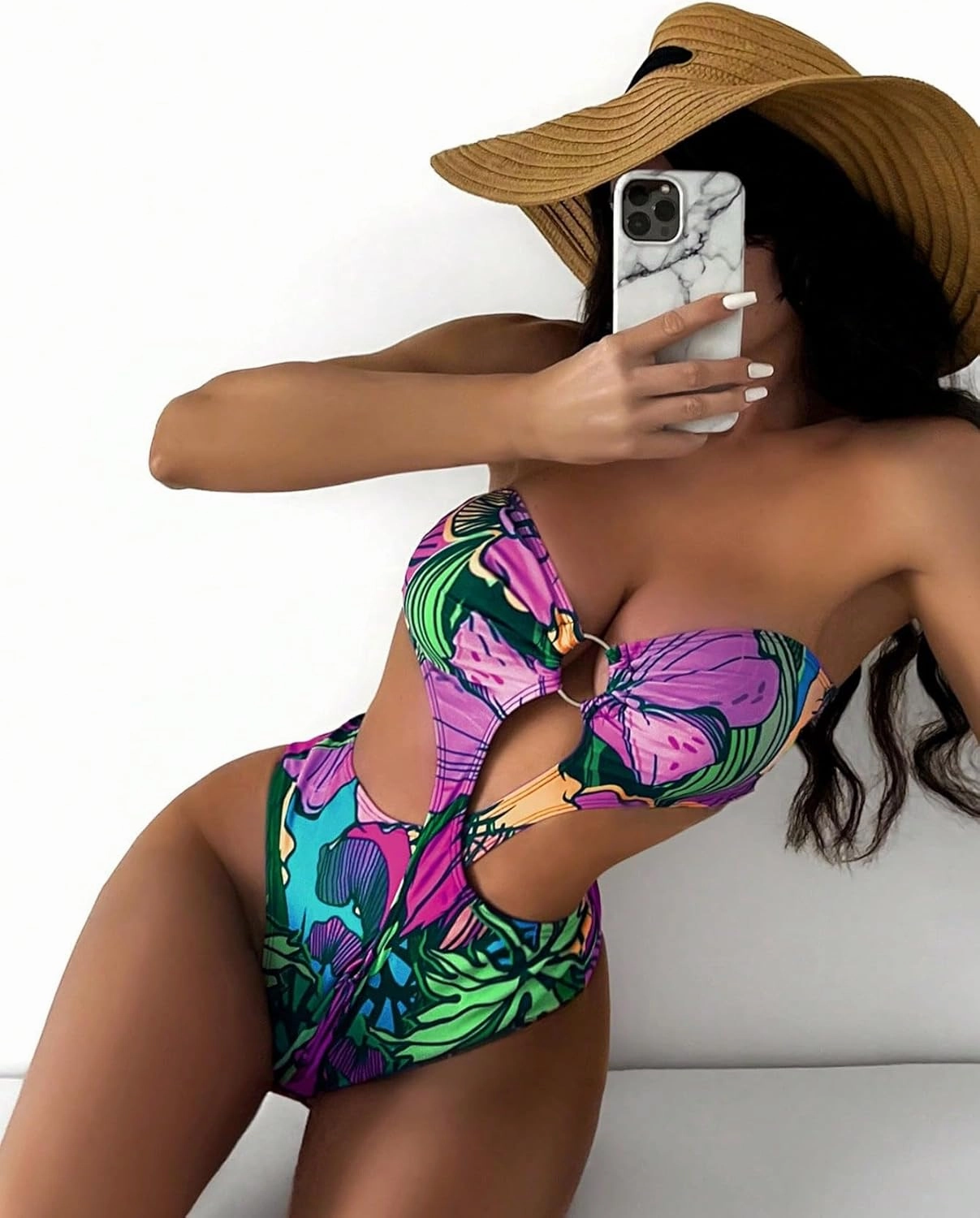 WDIRARA Women's Strapless Cut Out One Piece Swimsuit Tropical Print High Cut Swimsuit