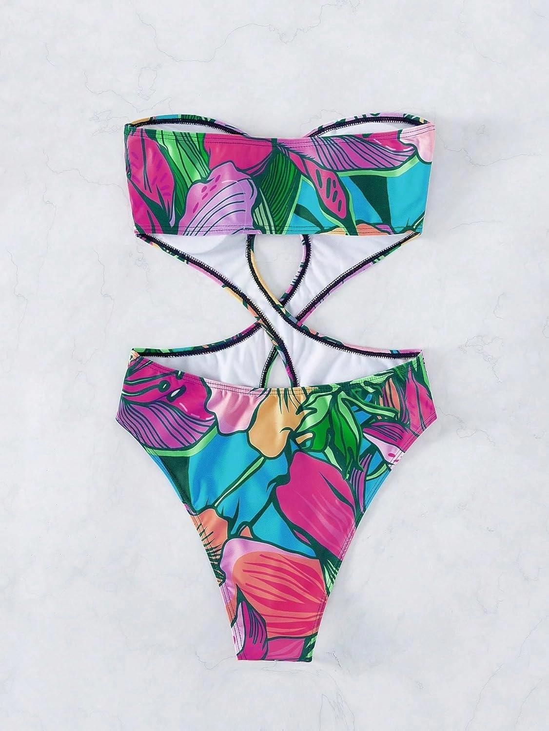 WDIRARA Women's Strapless Cut Out One Piece Swimsuit Tropical Print High Cut Swimsuit