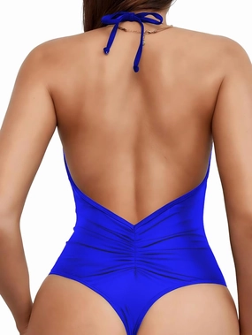 Women' s One Piece Sexy Swimsuits Halter Tie Back V Neck Low Back Bathing Suit Ruched Butt High Cut Swimsuit Thong