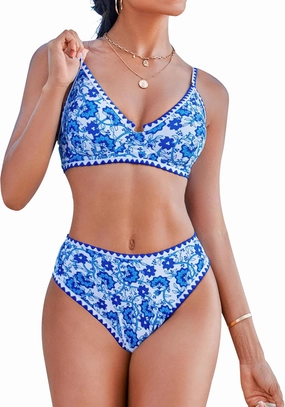 Women High Waisted Bikini Sets-Tummy Control Swimsuit Two Piece Bathing Suit Full Coverage Teen Triangle Top Floral