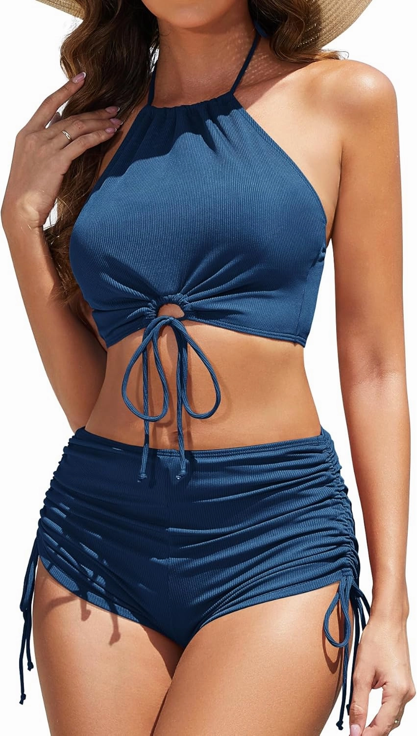 Women High Waisted Shorts Bikini Sets Tummy Control Swimsuit Two Piece Halter Drawstring Bathing Suit