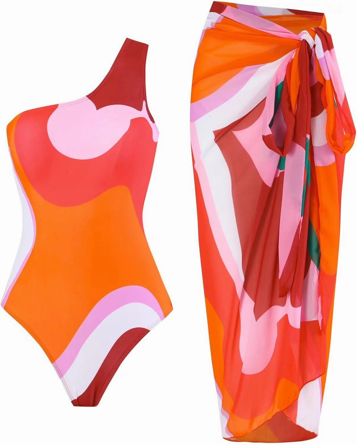 Women One Piece Swimsuit with Cover up Set High Waisted Beach Wrap Skirt Two Piece Bathing Suit