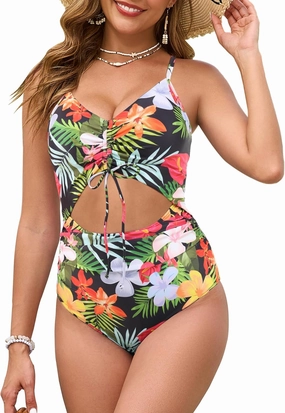 Women One Piece Swimsuits Tummy Control V Neck Cutout Ruched Drawstring Bathing Suit Wrap Tie Back Swimwear