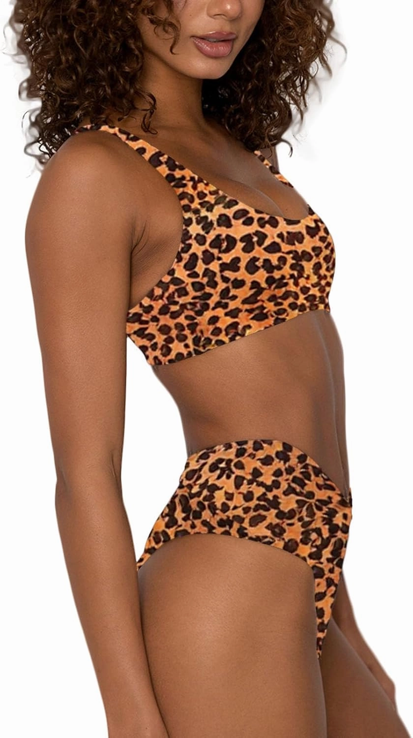 Women's High Waisted Bathing Suit Cute Scoop Neck Sporty Crop Top Push Up Bikini Sets Cheeky V Cut Leg Rise Bottom
