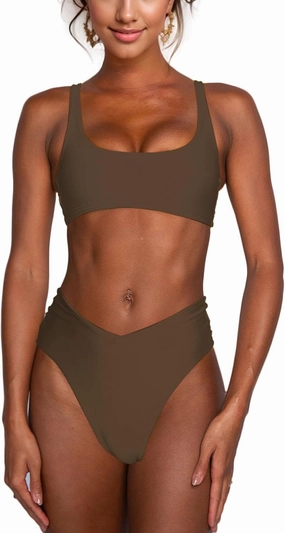 Women's High Waisted Bathing Suit Cute Scoop Neck Sporty Crop Top Push Up Bikini Sets Cheeky V Cut Leg Rise Bottom