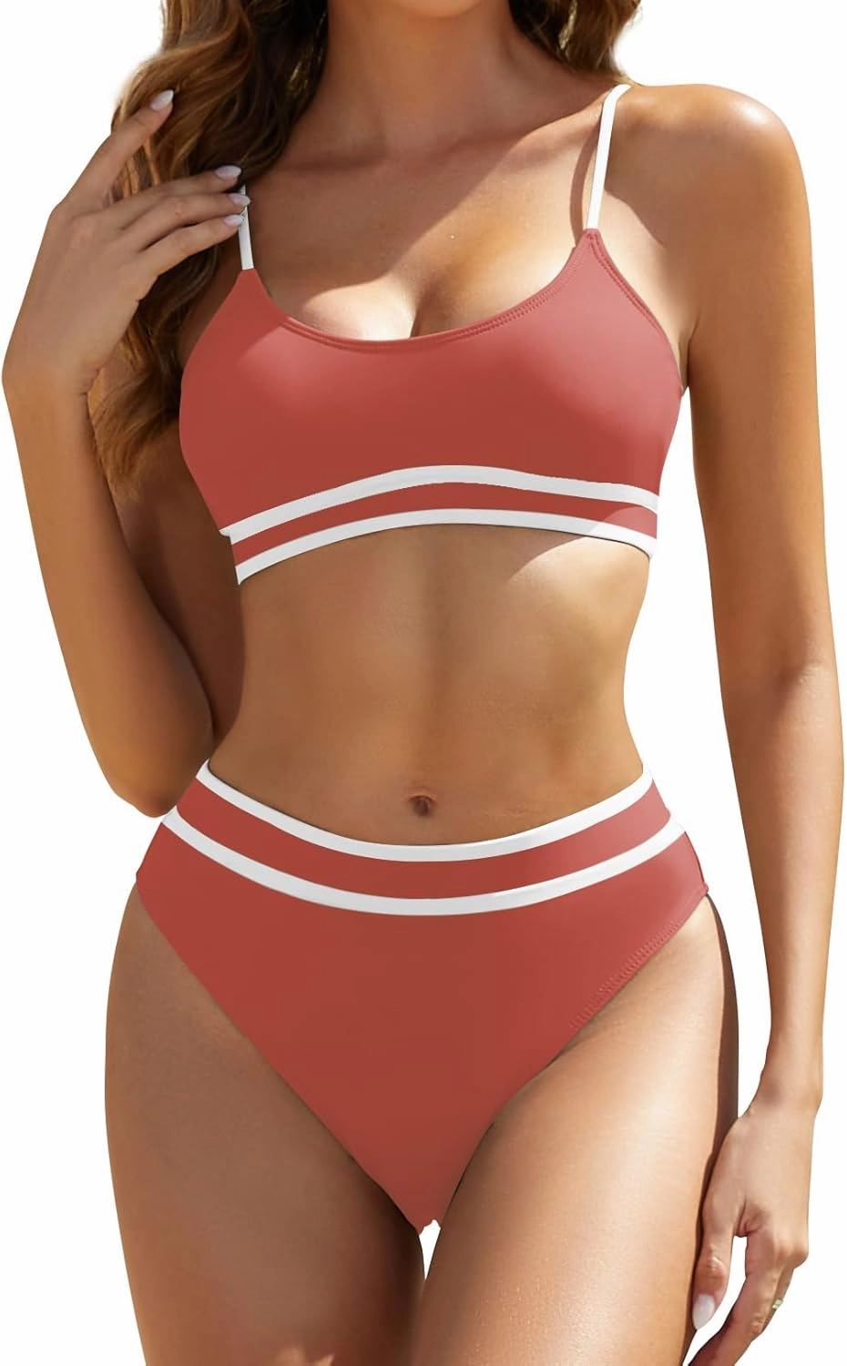 Women's High Waisted Bikini Sets Color Block Two Piece Swimsuit Scoop Neck Strap Crop Top Cheeky Bathing Suits