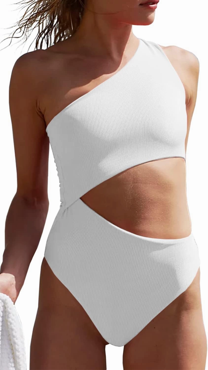 Women's One Piece Ribbed Swimsuit One Shoulder Cutout Swimwear Sexy Bathing Suit