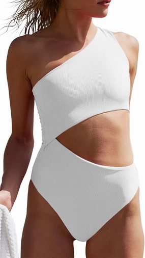 Women's One Piece Ribbed Swimsuit One Shoulder Cutout Swimwear Sexy Bathing Suit