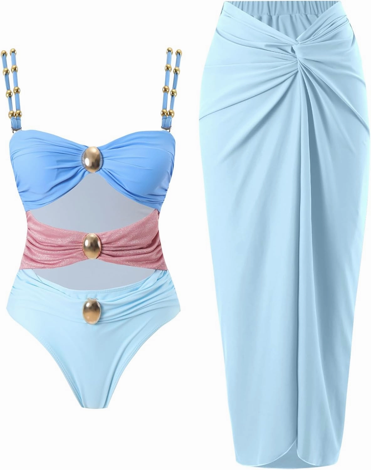Women's One Piece Swimsuit with Cover up Set Beach Wrap Skirt Retro Bikini Set Two Piece Bathing Suit with Cover up