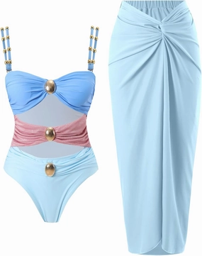 Women's One Piece Swimsuit with Cover up Set Beach Wrap Skirt Retro Bikini Set Two Piece Bathing Suit with Cover up