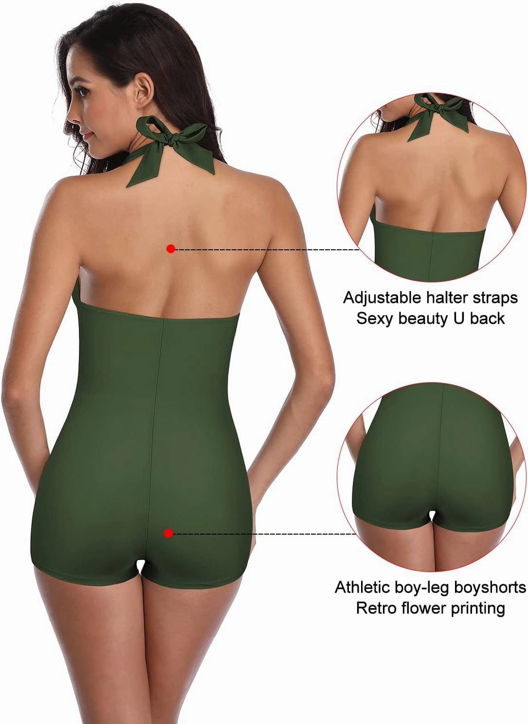 Women's Retro Halter Bathing Suits Vintage One Piece Swimsuit for Women Tummy Control Plus Boy-Leg Ruched Push up Swimsuit