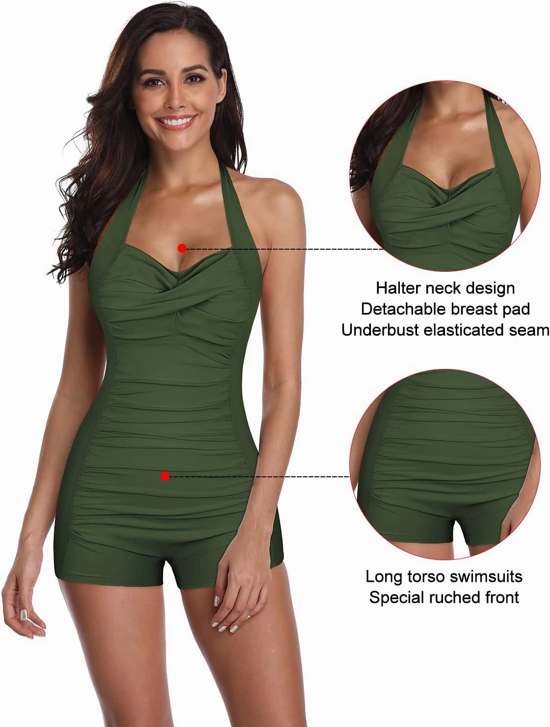 Women's Retro Halter Bathing Suits Vintage One Piece Swimsuit for Women Tummy Control Plus Boy-Leg Ruched Push up Swimsuit