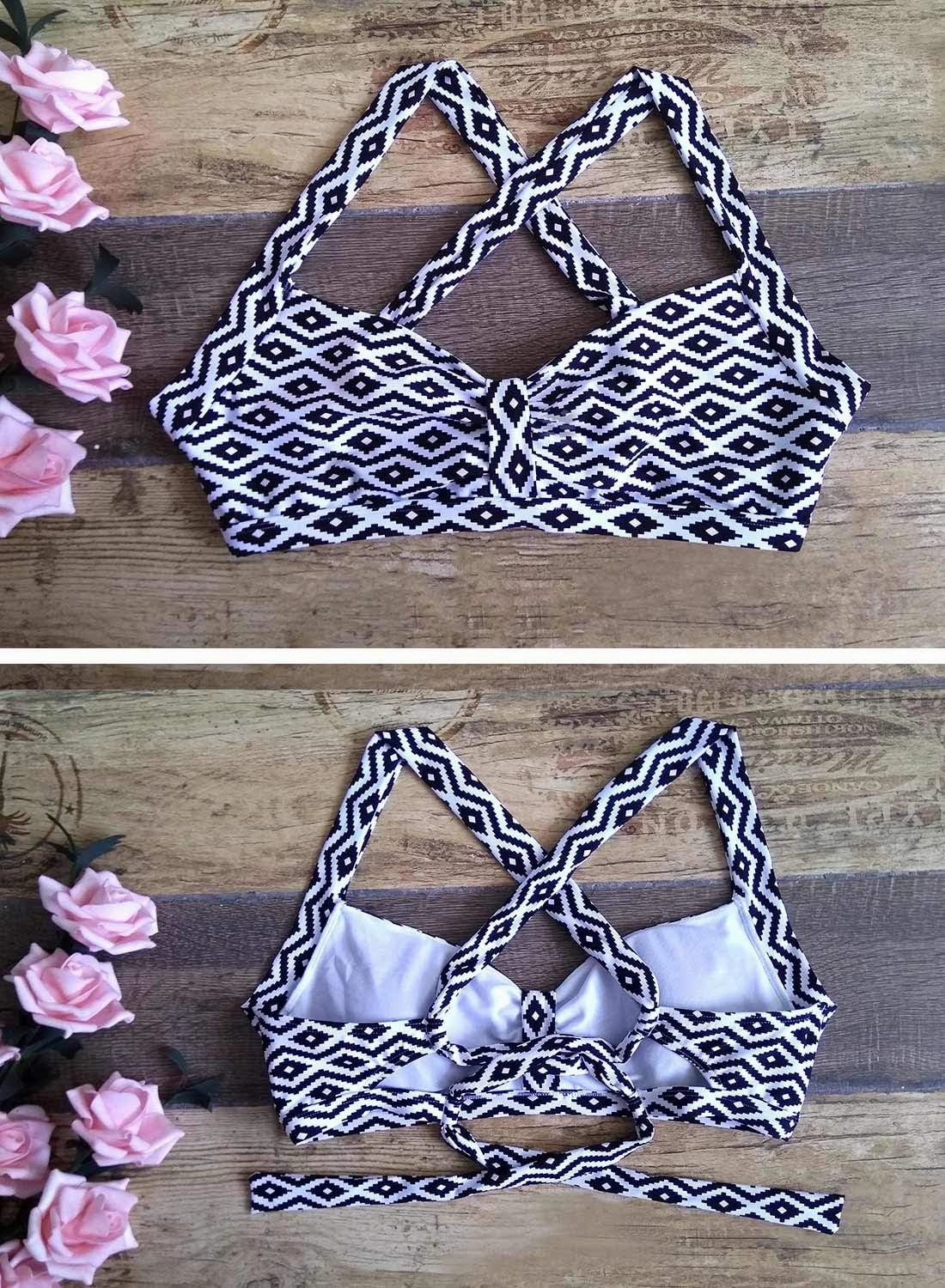 Women's Retro Printed Adjustable Thick Straps Cross Back Push Up Vintage Bikini Swimsuit Tops Only