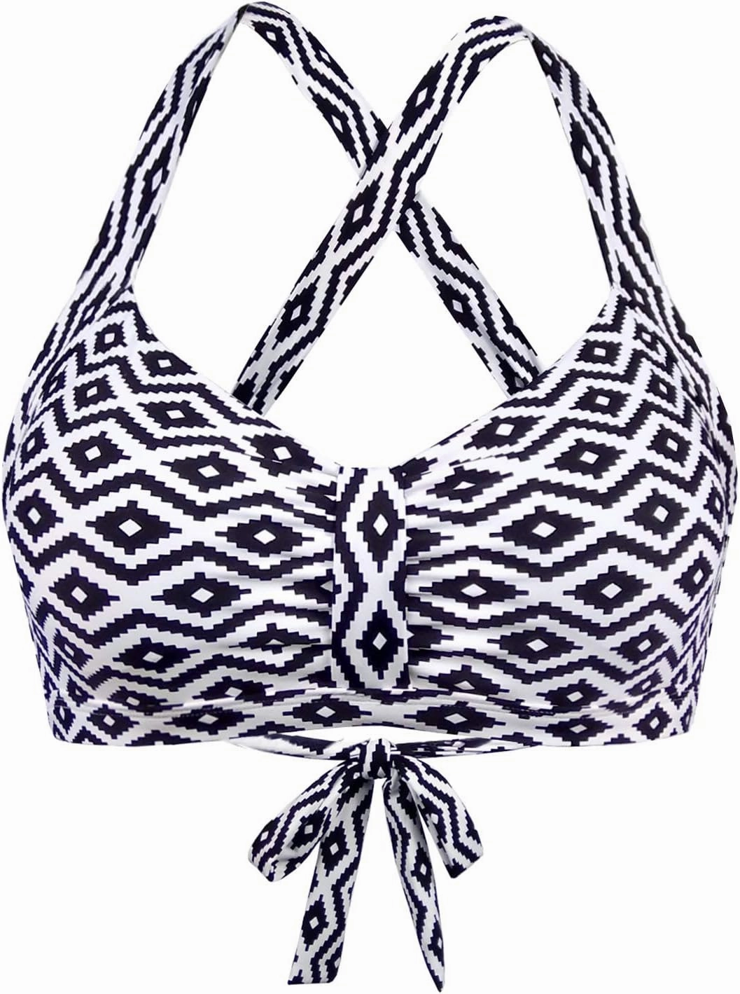 Women's Retro Printed Adjustable Thick Straps Cross Back Push Up Vintage Bikini Swimsuit Tops Only