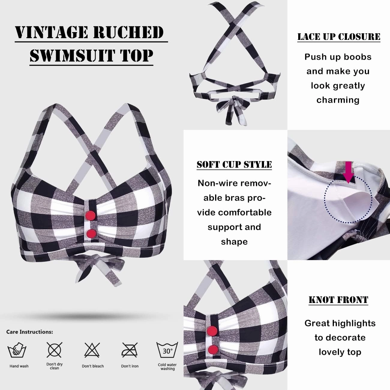 Women's Retro Printed Adjustable Thick Straps Cross Back Push Up Vintage Bikini Swimsuit Tops Only